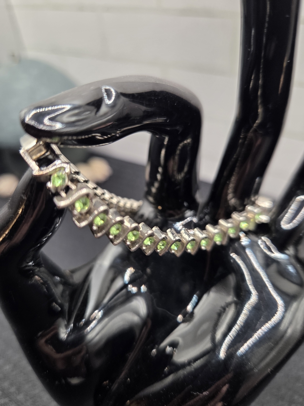 1238. Green Rhinestone Silver Tone Tennis Bracelet - Picture 2 of 5